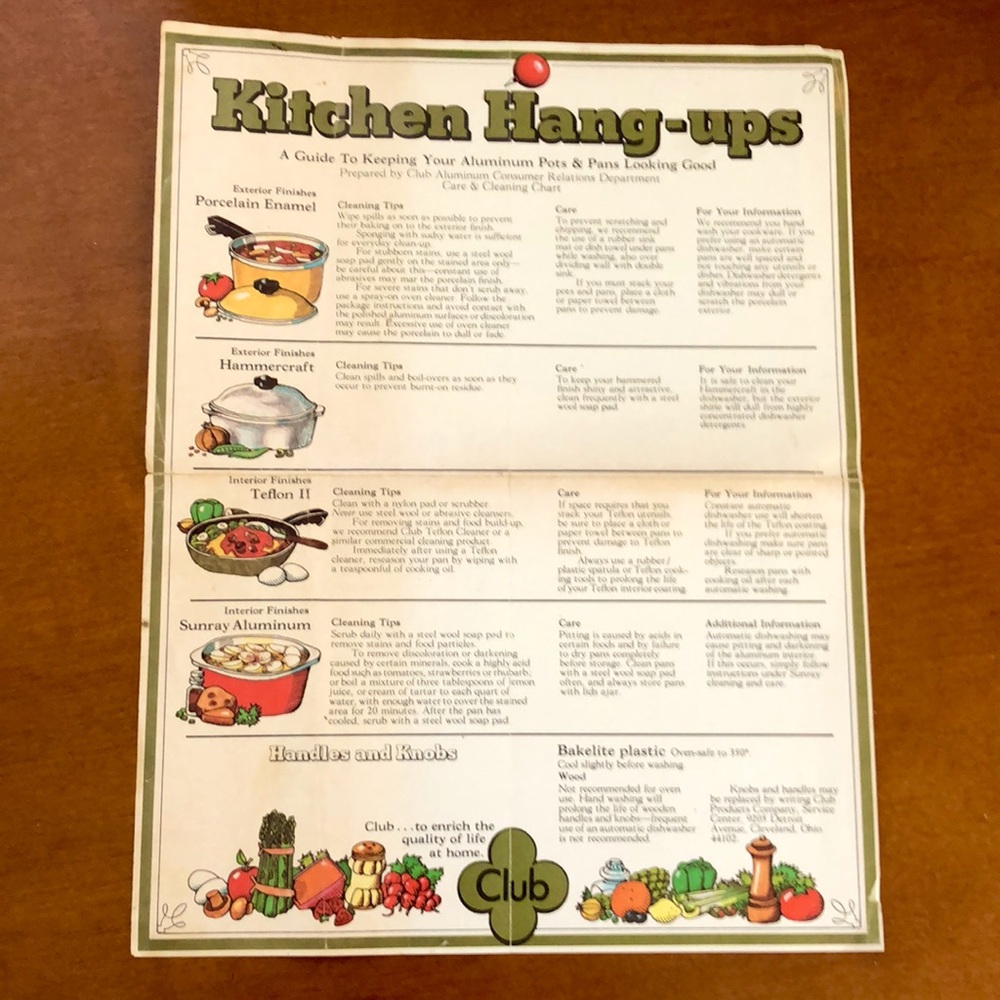 VINTAGE CLUB ALUMINUM CONSUMER RELATIONS DEPT CARE & CLEANING PAPER CHART